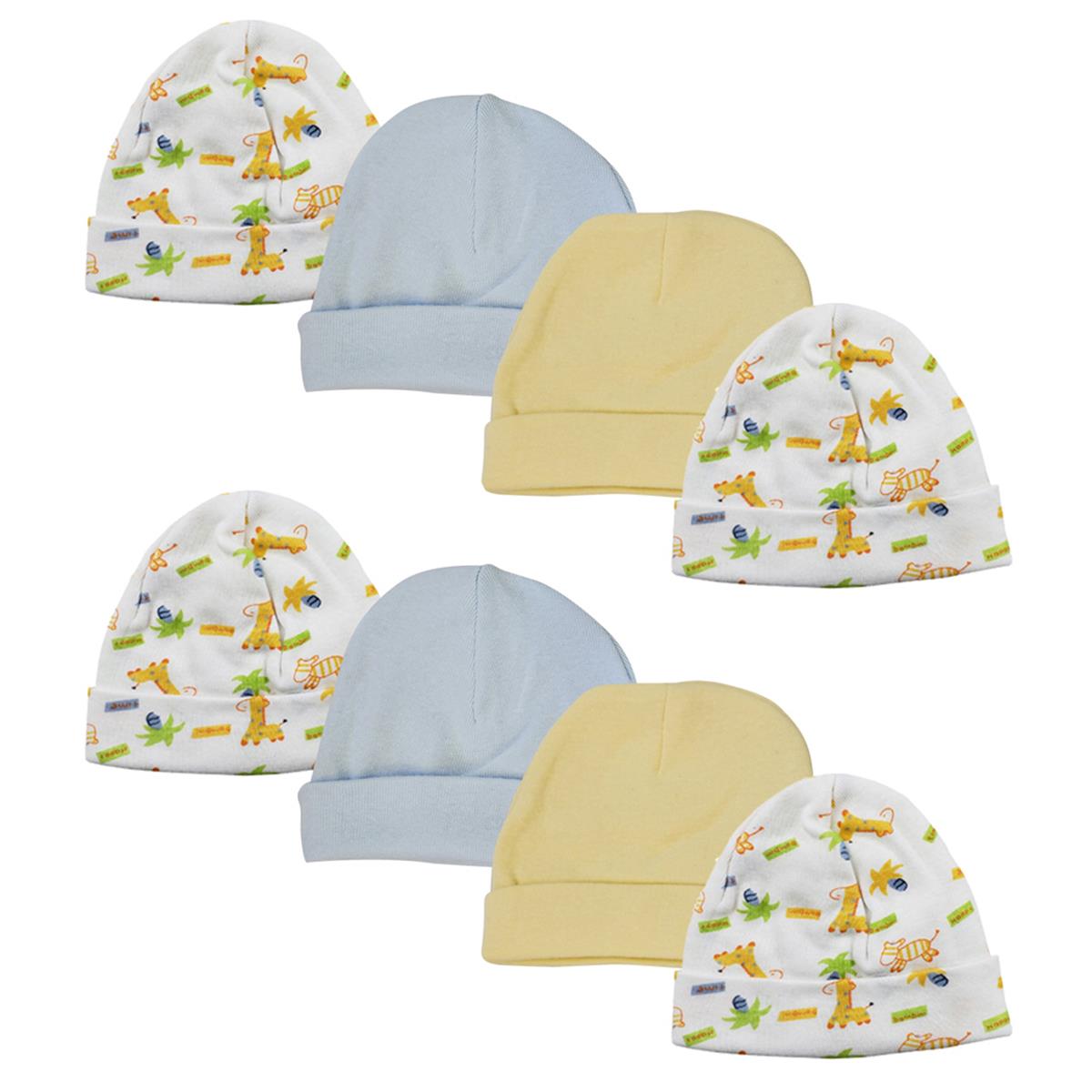 NC-0311 Baby Boy Infant Caps, White & Blue - Newborn - Pack of 8