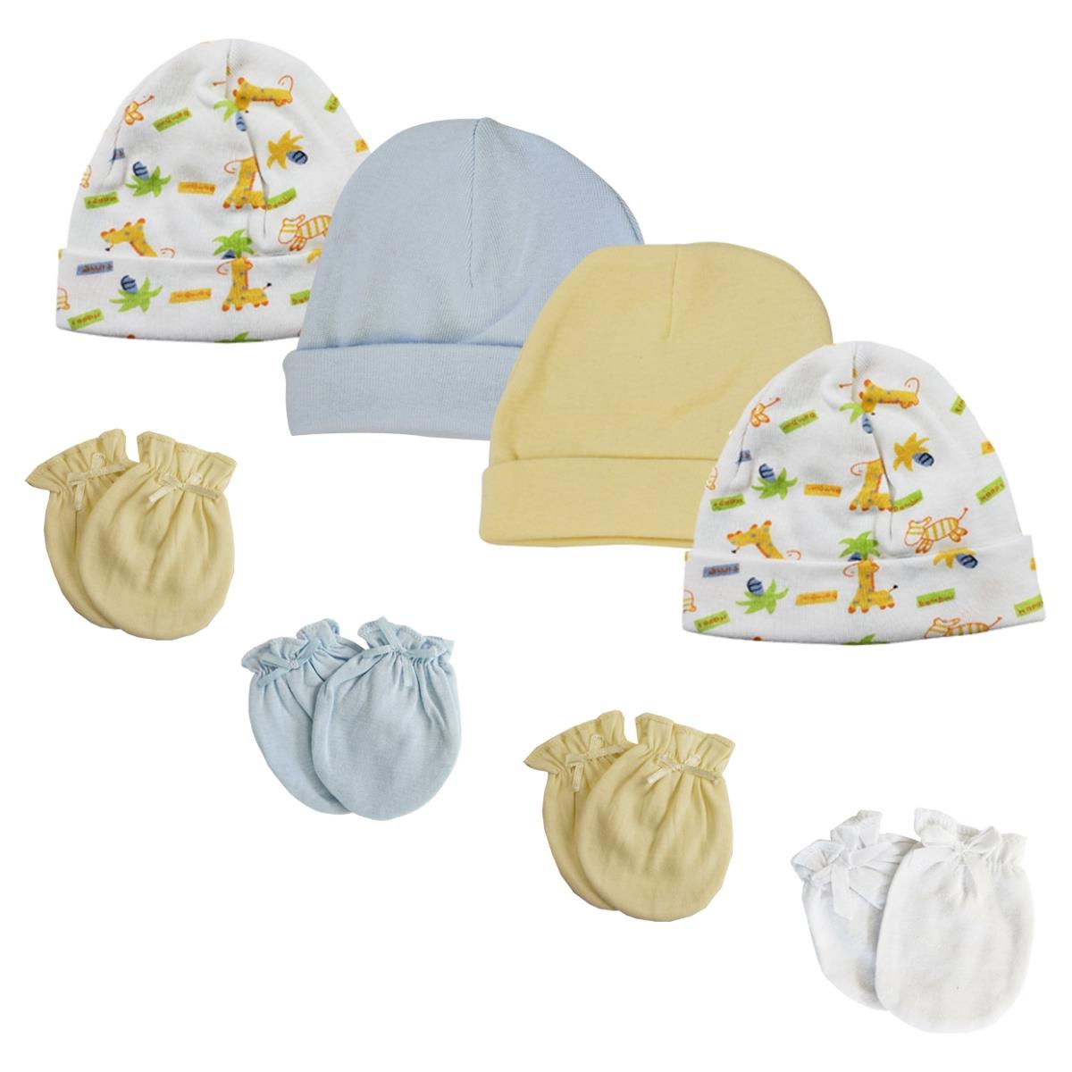 NC-0312 Baby Boy Infant Caps & Mittens, White & Blue - Newborn - Pack of 8