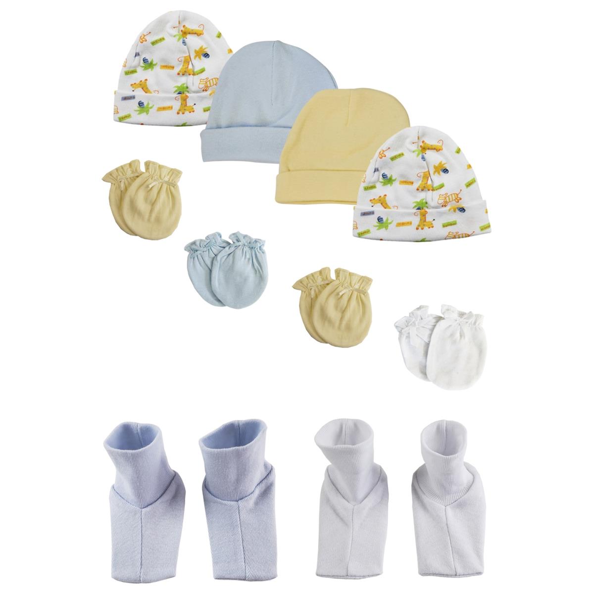 NC-0313 Baby Boy Infant Caps, Booties & Mittens, White & Blue - Newborn - Pack of 10