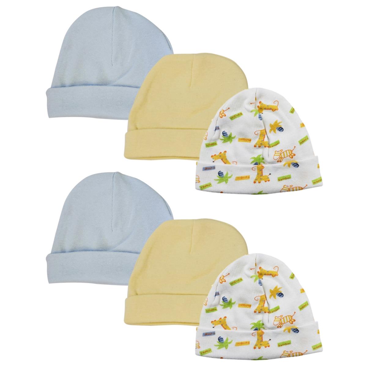 NC-0314 Baby Boy Infant Caps, White & Blue - Newborn - Pack of 6