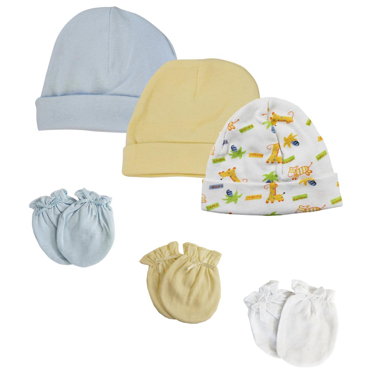 NC-0315 Baby Boy Infant Caps & Mittens, White & Blue - Newborn - Pack of 6