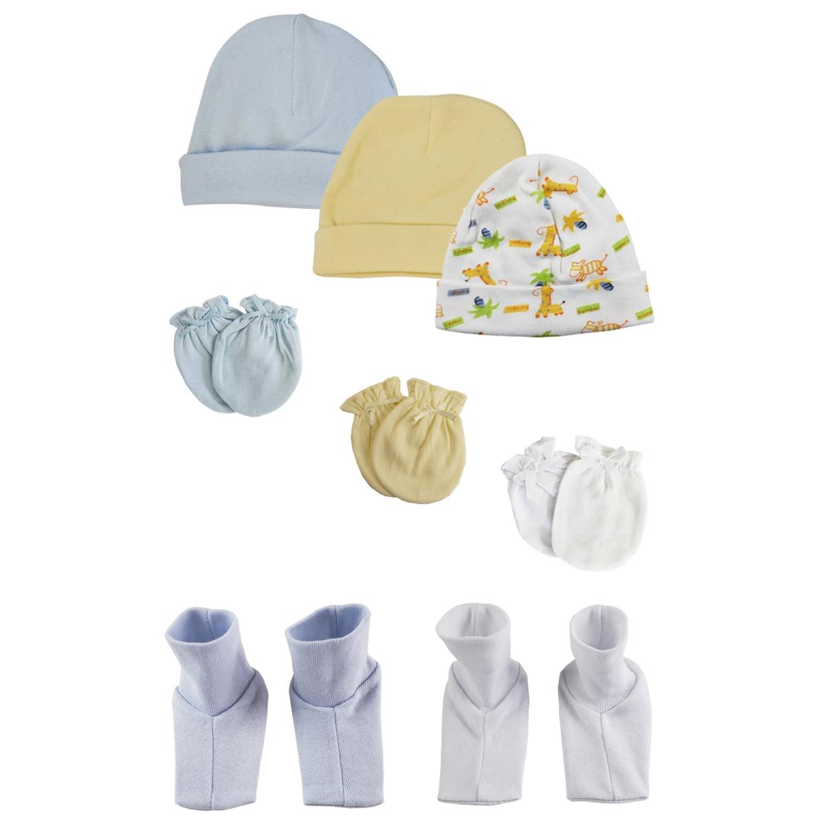 NC-0316 Baby Boy Infant Caps, Booties & Mittens, White & Blue - Newborn - Pack of 8