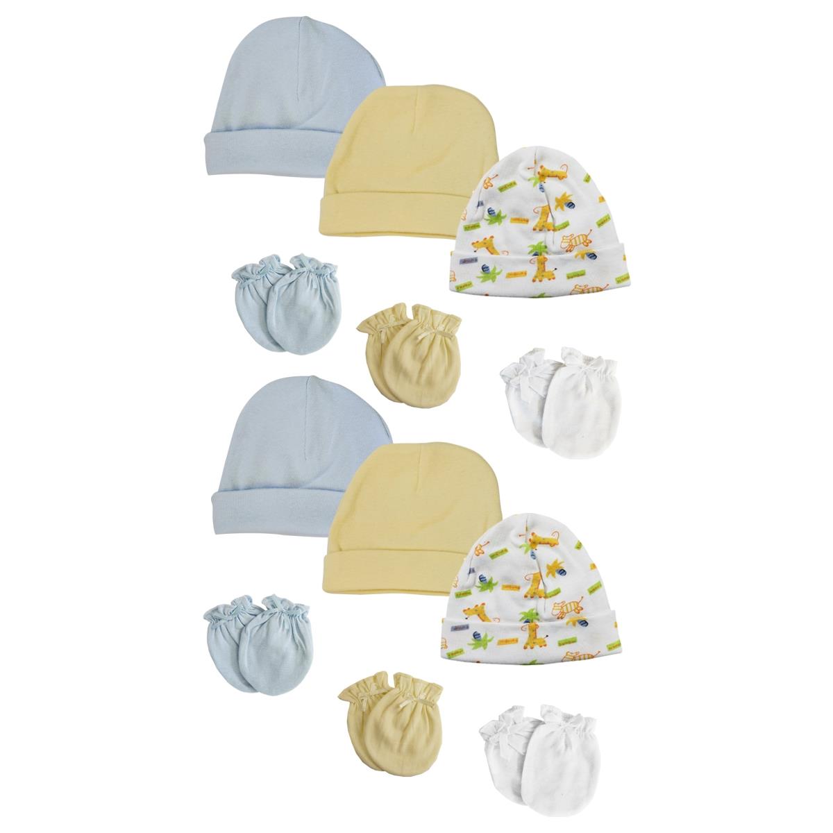 NC-0317 Baby Boy Infant Caps & Mittens, White & Blue - Newborn - Pack of 12