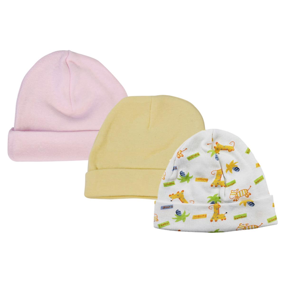 NC-0318 Baby Girl Infant Caps, White & Pink - Newborn - Pack of 3
