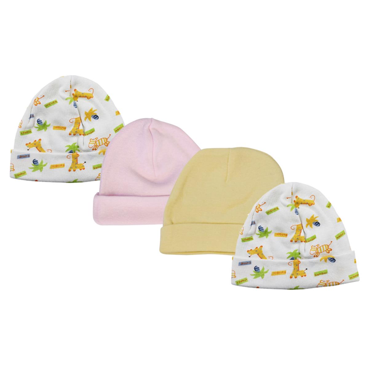 NC-0319 Baby Girl Infant Caps, White & Pink - Newborn - Pack of 4