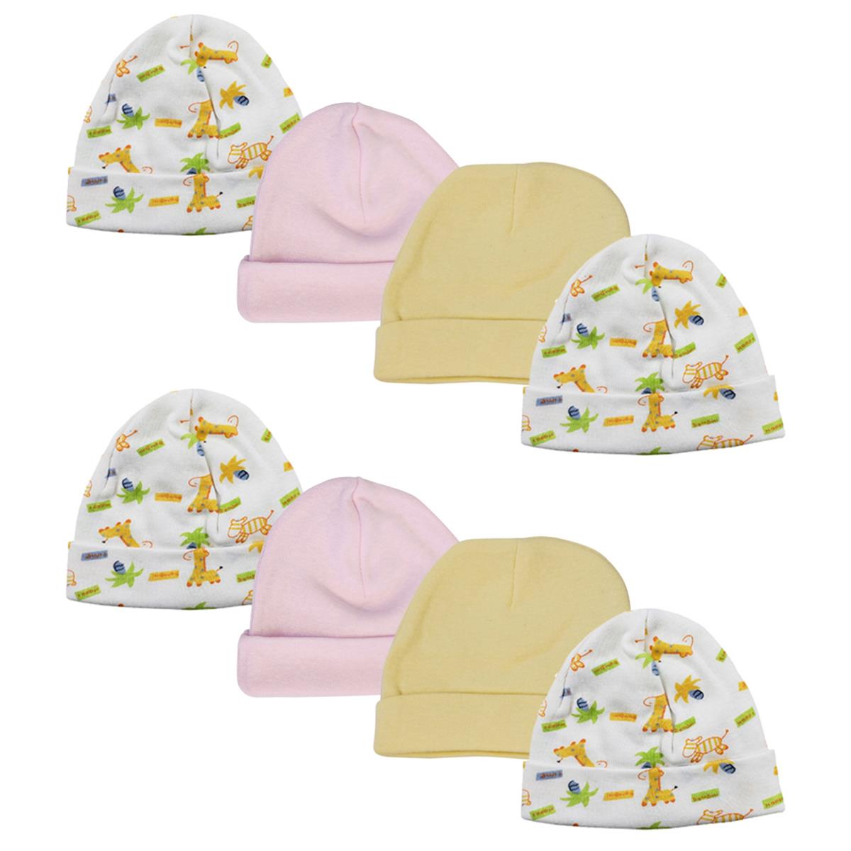 NC-0320 Baby Girl Infant Caps, White & Pink - Newborn - Pack of 8