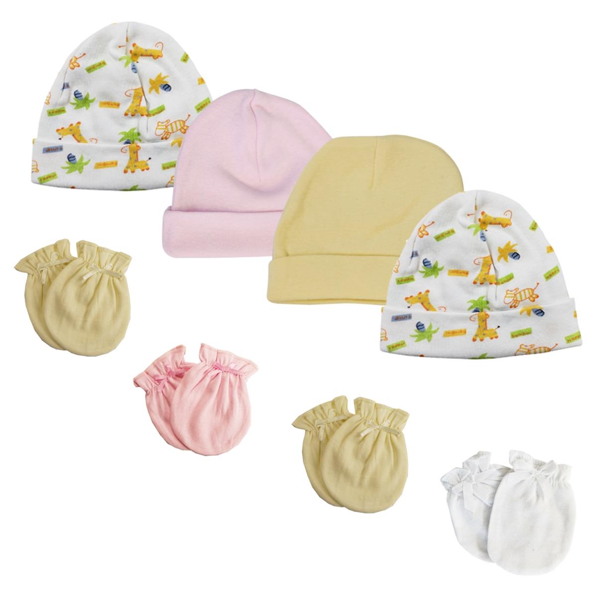NC-0321 Baby Girl Infant Caps & Mittens, White & Pink - Newborn - Pack of 8