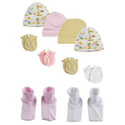 NC-0322 Baby Girl Infant Caps, Booties & Mittens, White & Pink - Newborn - Pack of 10