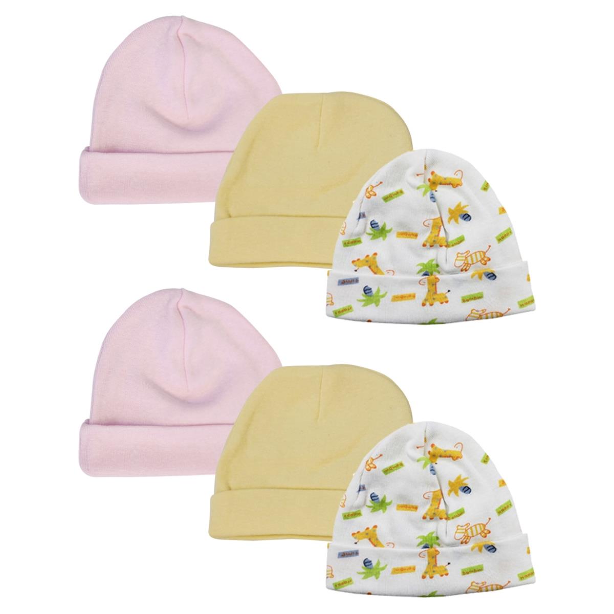 NC-0323 Baby Girl Infant Caps, White & Pink - Newborn - Pack of 6