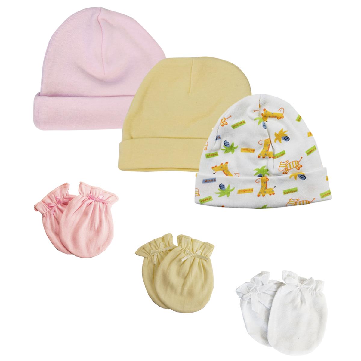 NC-0324 Baby Girl Infant Caps & Mittens, White & Pink - Newborn - Pack of 6