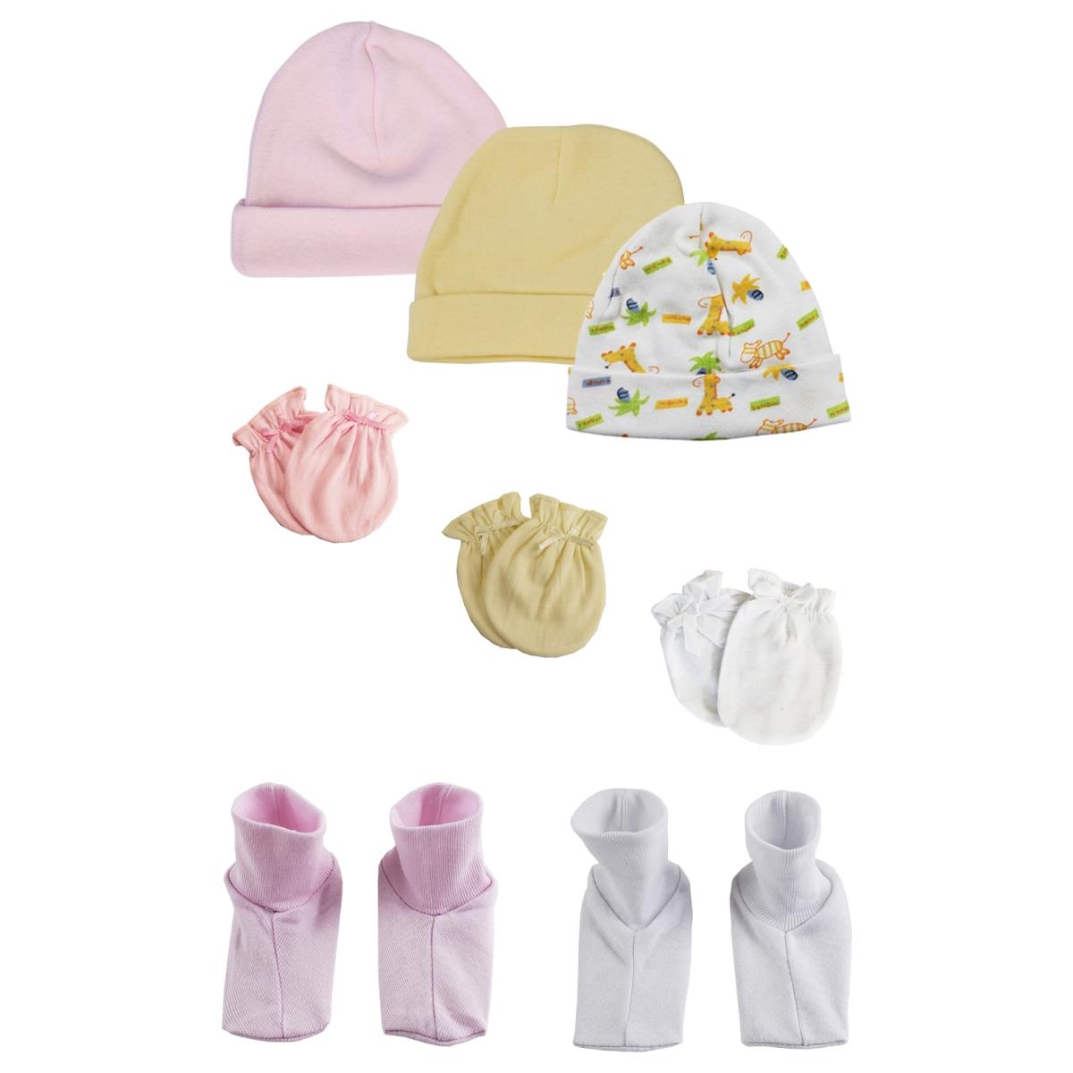 NC-0325 Baby Girl Infant Caps, Booties & Mittens, White & Pink - Newborn - Pack of 8