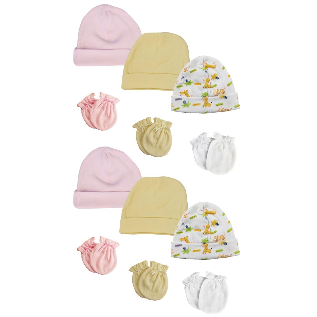 NC-0326 Baby Girl Infant Caps & Mittens, White & Pink - Newborn - Pack of 12