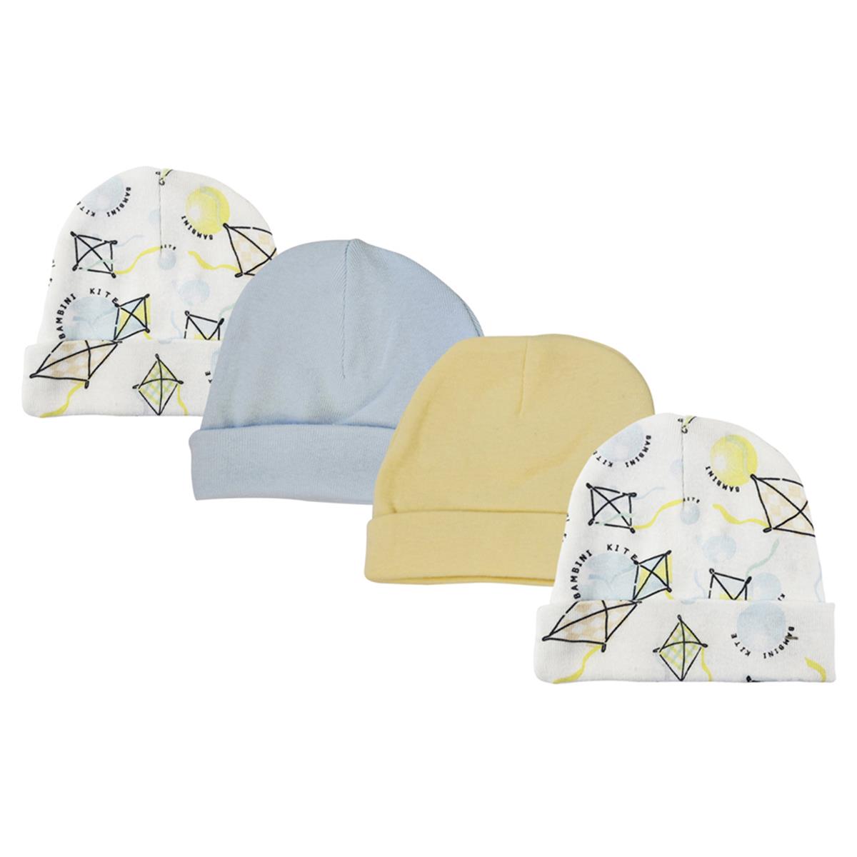 NC-0341 Baby Boys Caps, White & Blue - Newborn - Pack of 4