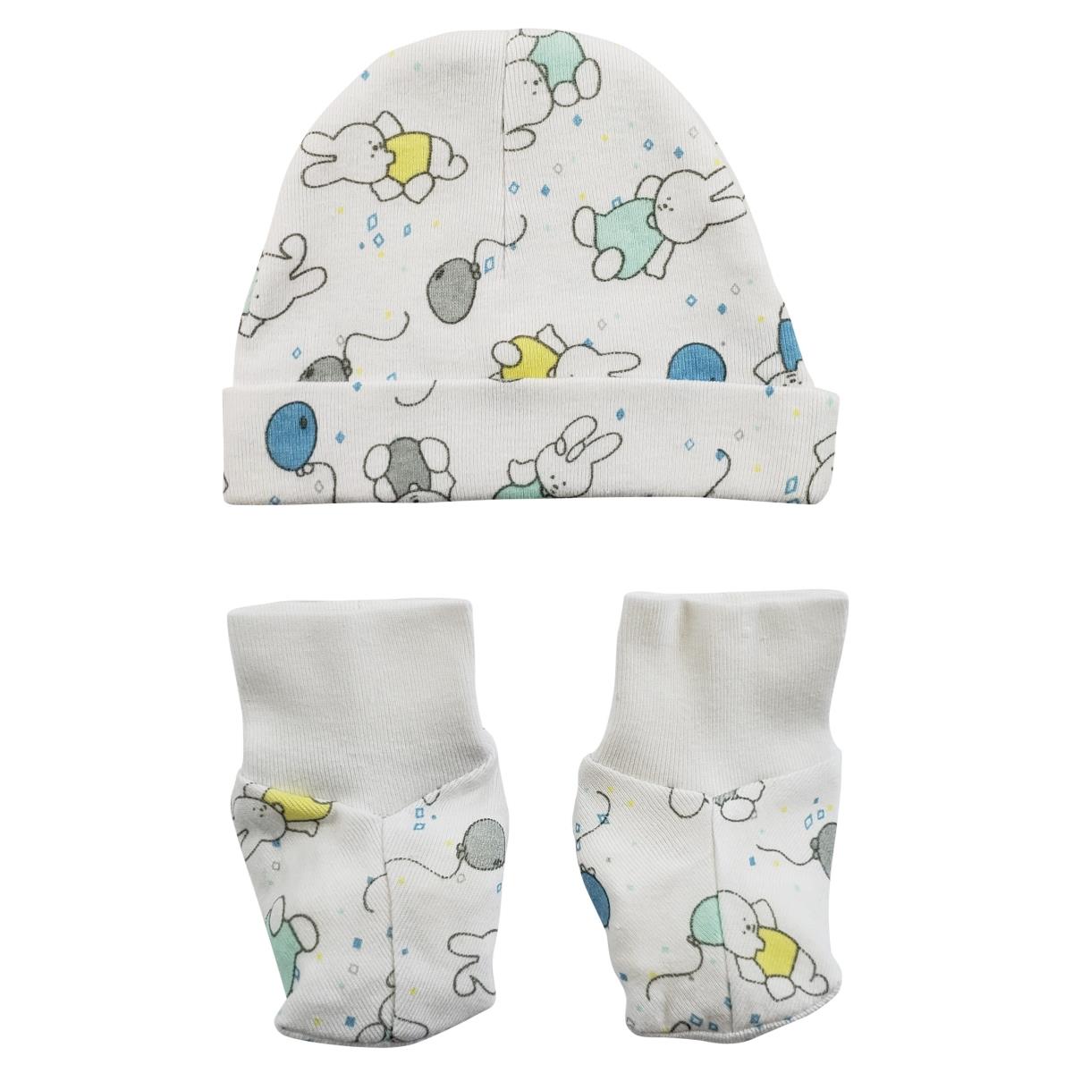 Picture of Bambini 030.PRINTED.BUNNY Infant Cap & Booties Set&#44; White - Newborn