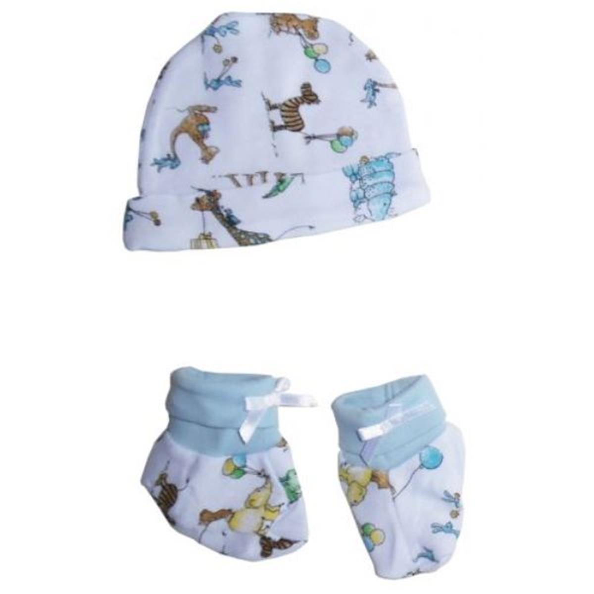 Picture of Bambini 030.PRINTED.GIRAFFE Infant Cap & Booties Set&#44; Blue - One Size