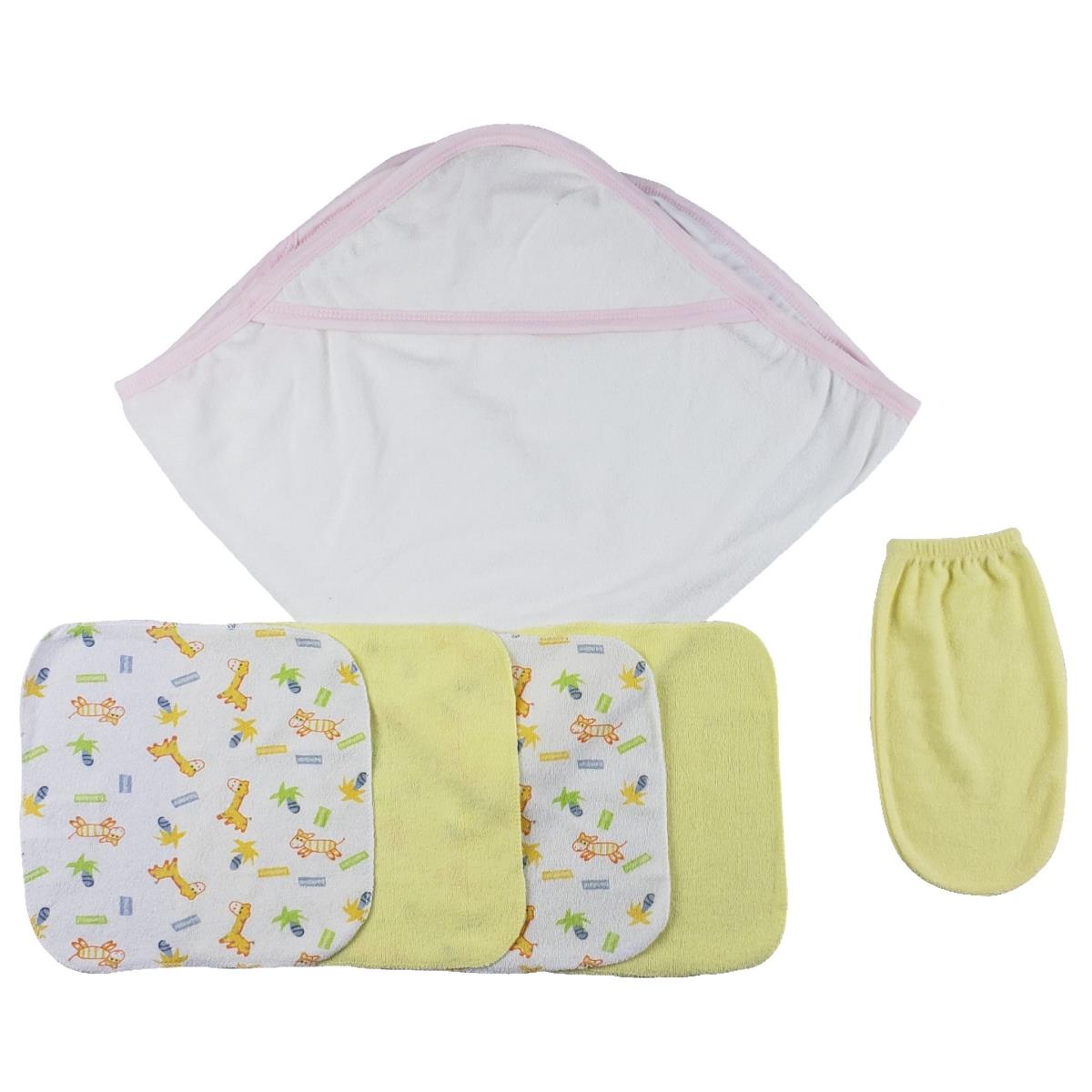 Picture of Bambini CS-0007 Hooded Towel&#44; Washcloths & Hand Washcloth Mitt&#44; White & Pink - Newborn