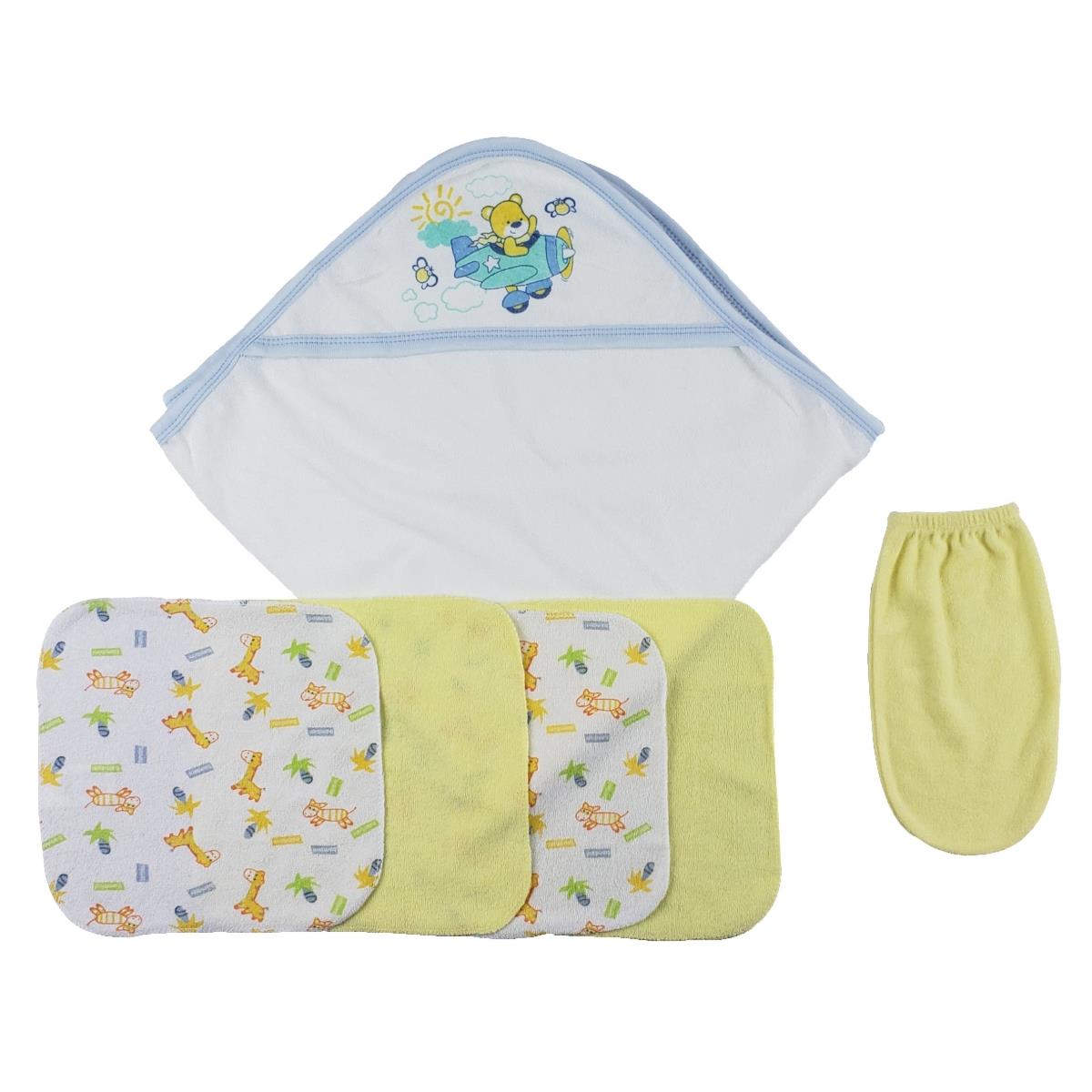Picture of Bambini CS-0009 Hooded Towel&#44; Washcloths & Hand Washcloth Mitt&#44; White & Blue - Newborn