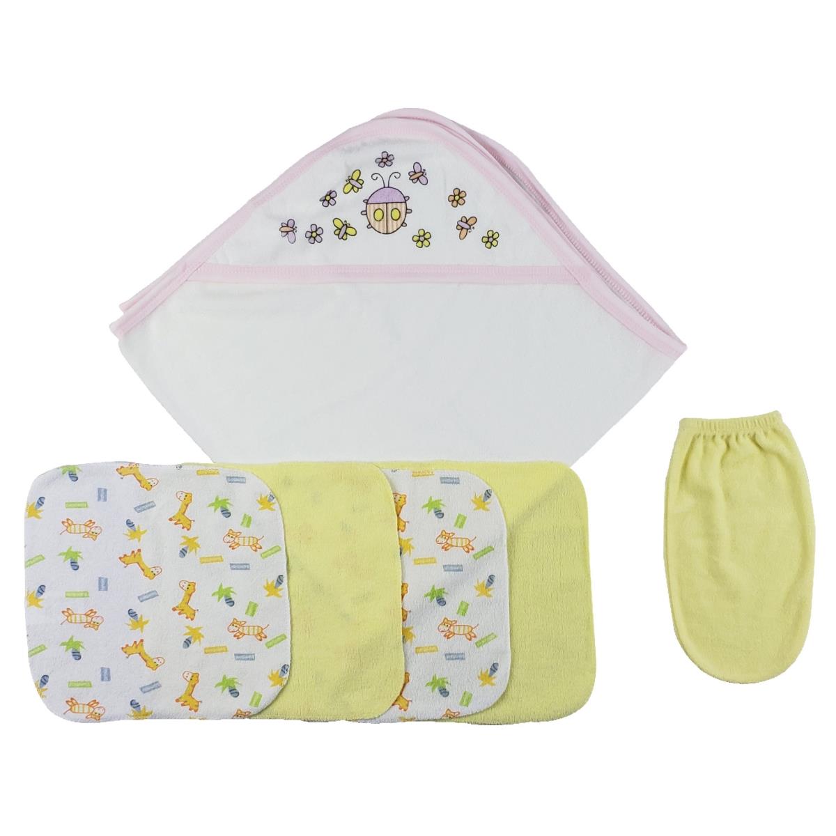 Picture of Bambini CS-0010 Hooded Towel&#44; Washcloths & Hand Washcloth Mitt&#44; White & Pink - Newborn