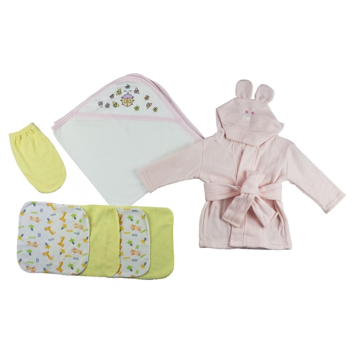 Picture of Bambini CS-0011 Infant Robe&#44; Hooded Towel&#44; Washcloths & Hand Washcloth Mitt&#44; White & Pink - Newborn