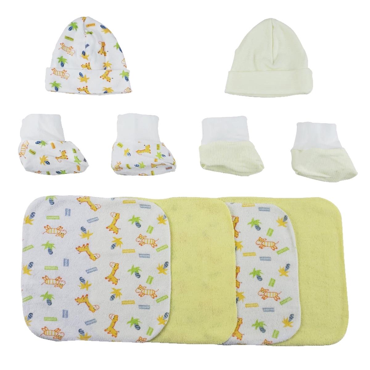 Picture of Bambini CS-0016 Two Rib Knit Infant Caps & Booties Sets & Four Washcloths&#44; White & Yellow - Newborn - 8 Piece