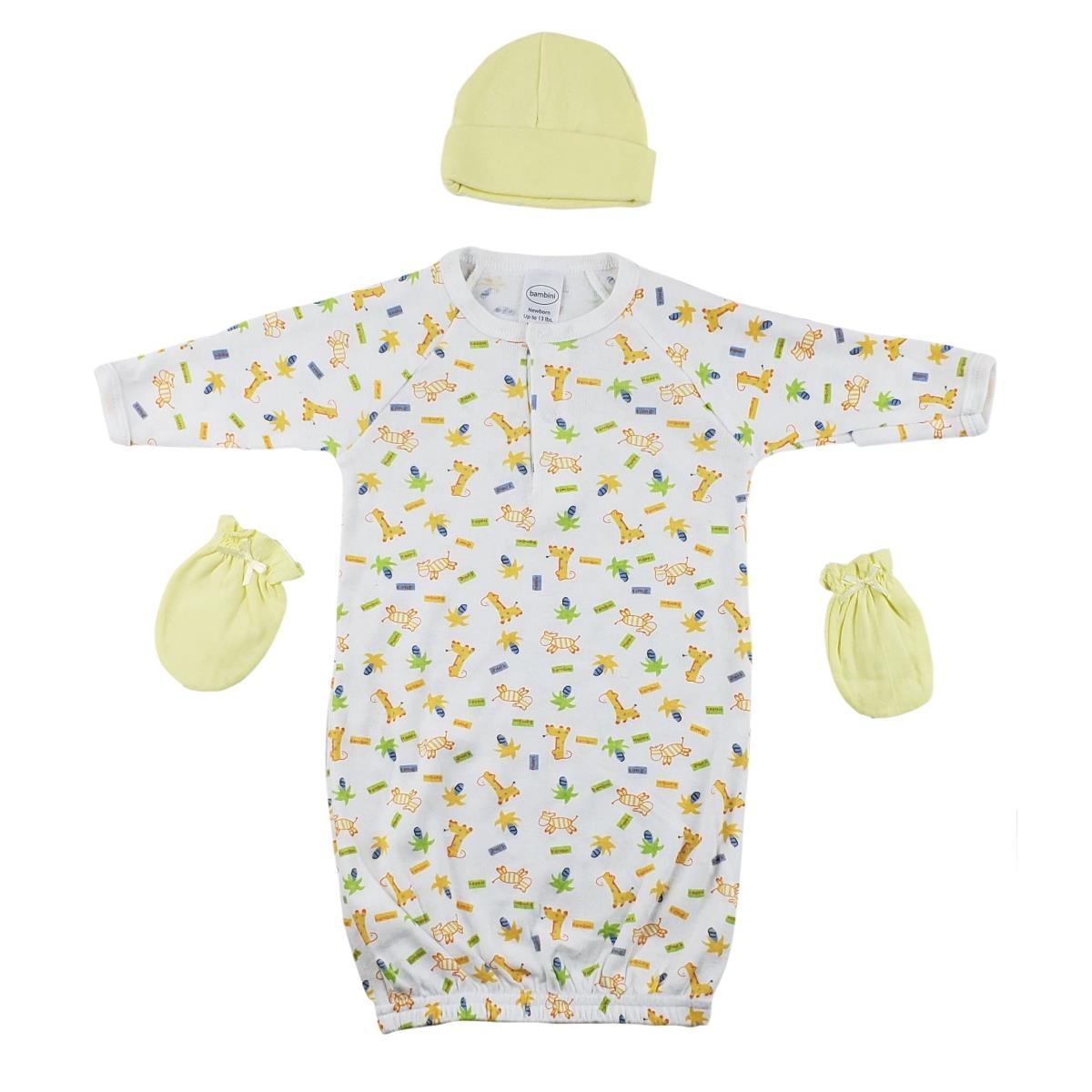 Picture of Bambini CS-0045 Gown&#44; Cap & Mittens&#44; White & Yellow - Newborn - 3 Piece