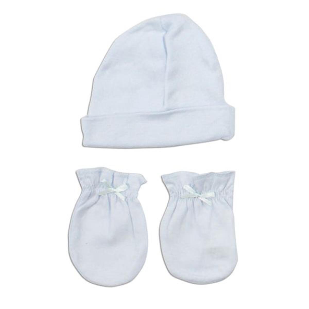 LS-0045 Boys Cap & Mittens Layette Set, White & Blue - Newborn