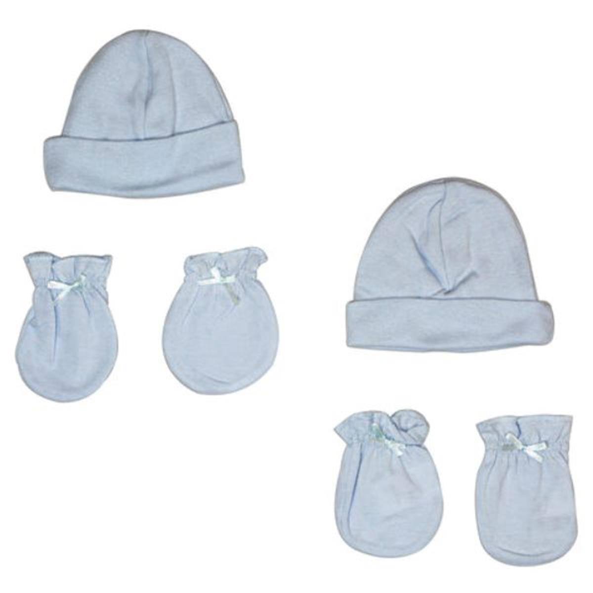 LS-0046 Boys Cap & Mittens Layette Set, White & Blue - Newborn