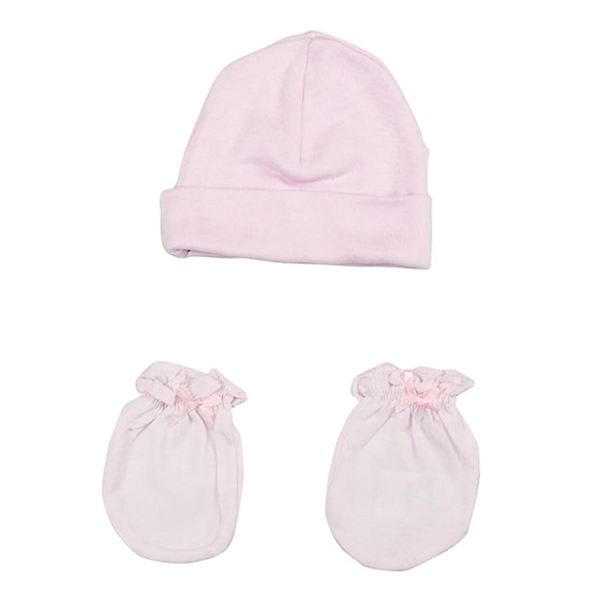 Picture of Bambini LS-0050 Girls Cap & Mittens Set&#44; White & Pink - Newborn