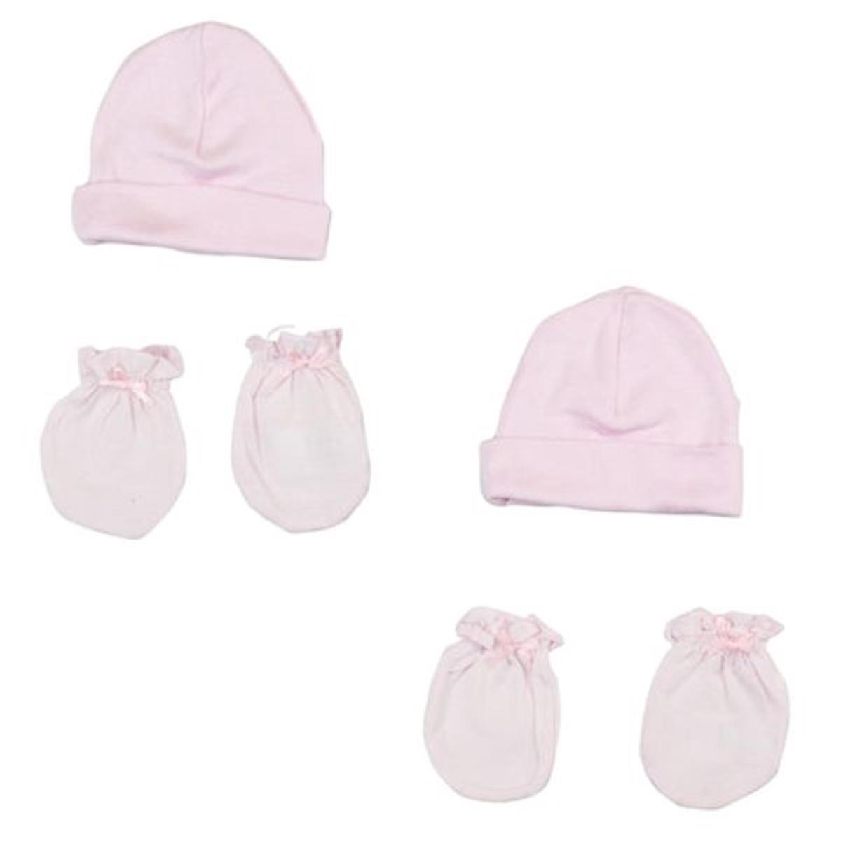 LS-0051 Girls Cap & Mittens Layette Set, White & Pink - Newborn