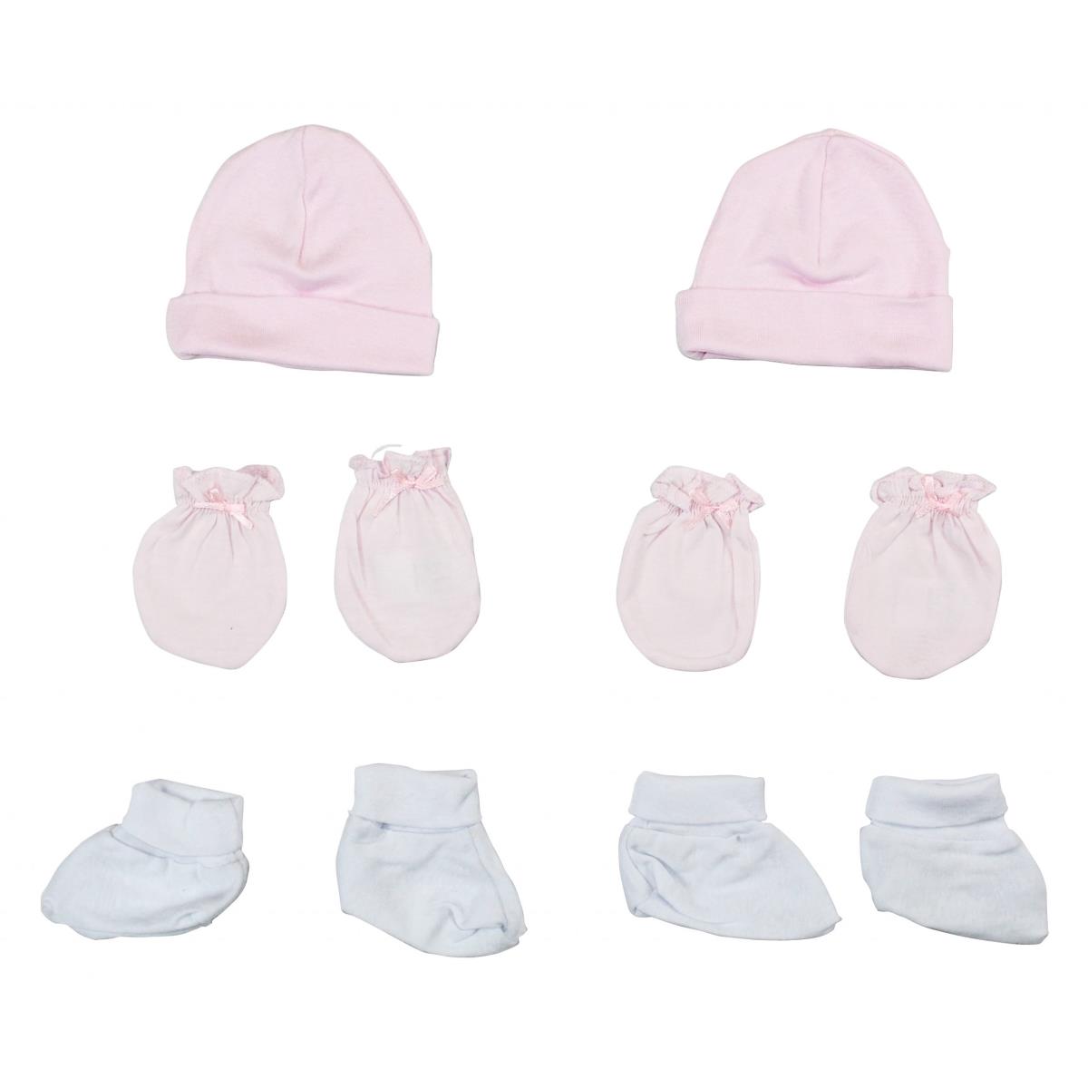 Picture of Bambini LS-0052 Girls Cap&#44; Booties & Mittens Layette Set&#44; White & Pink - Newborn