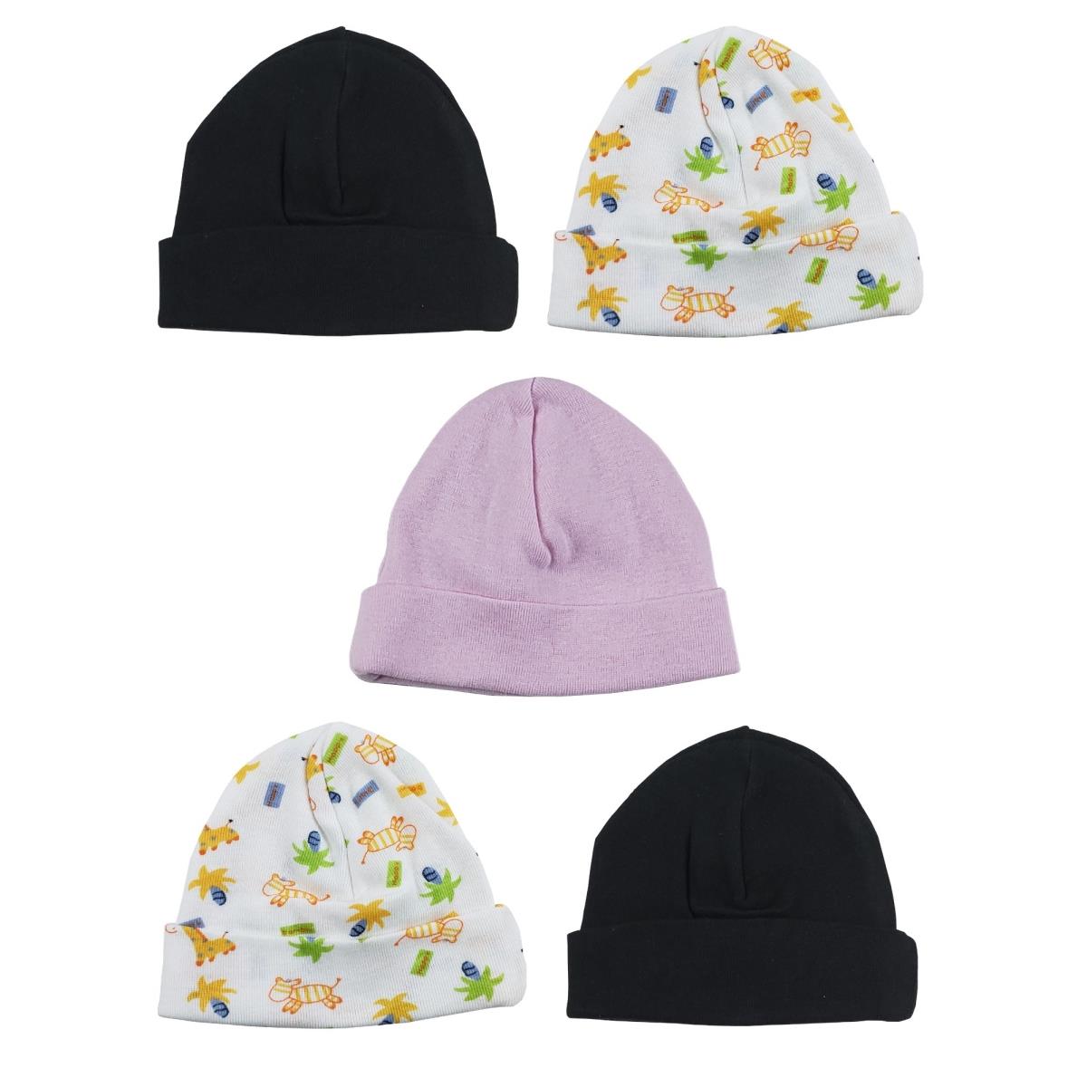 Picture of Bambini LS-0322 Girls Baby Cap - Black&#44; Prints & Pink - One Size - 5 per Pack