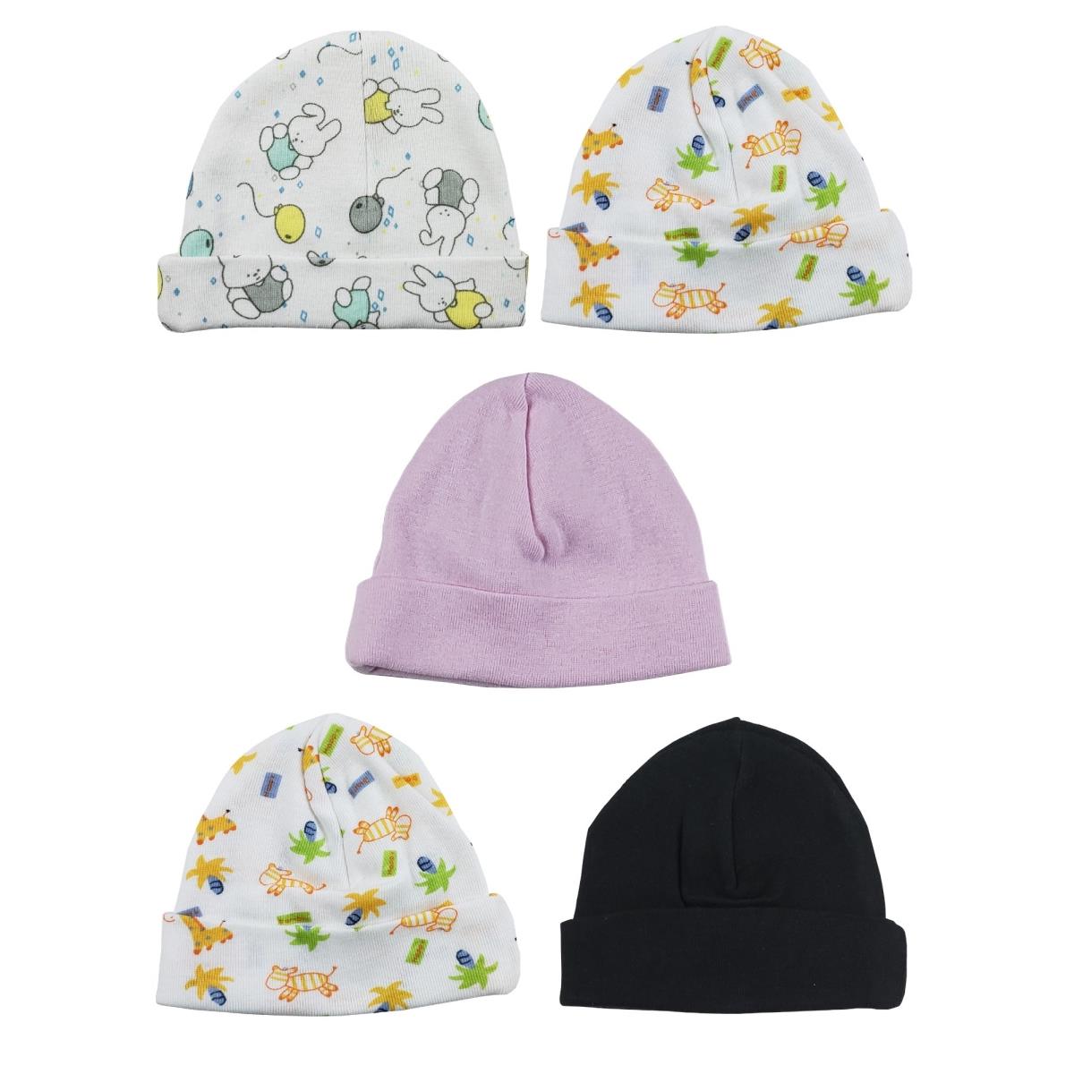 Picture of Bambini LS-0323 Girls Baby Cap - Black&#44; Prints & Pink - One Size - 5 per Pack