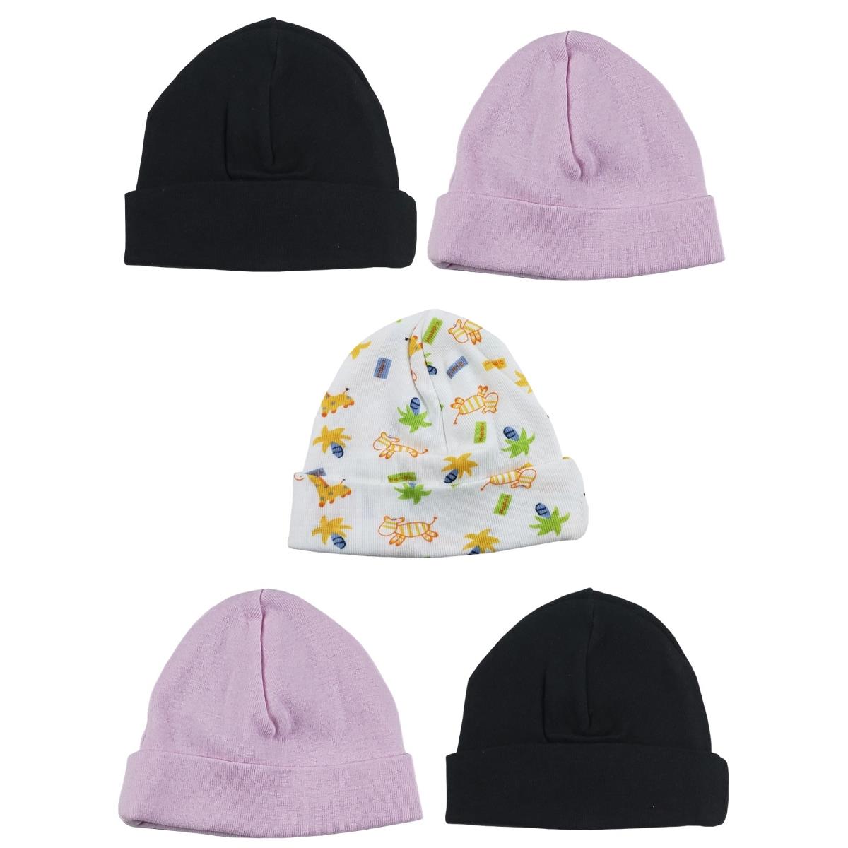 Picture of Bambini LS-0324 Girls Baby Cap - Black&#44; Prints & Pink - One Size - 5 per Pack