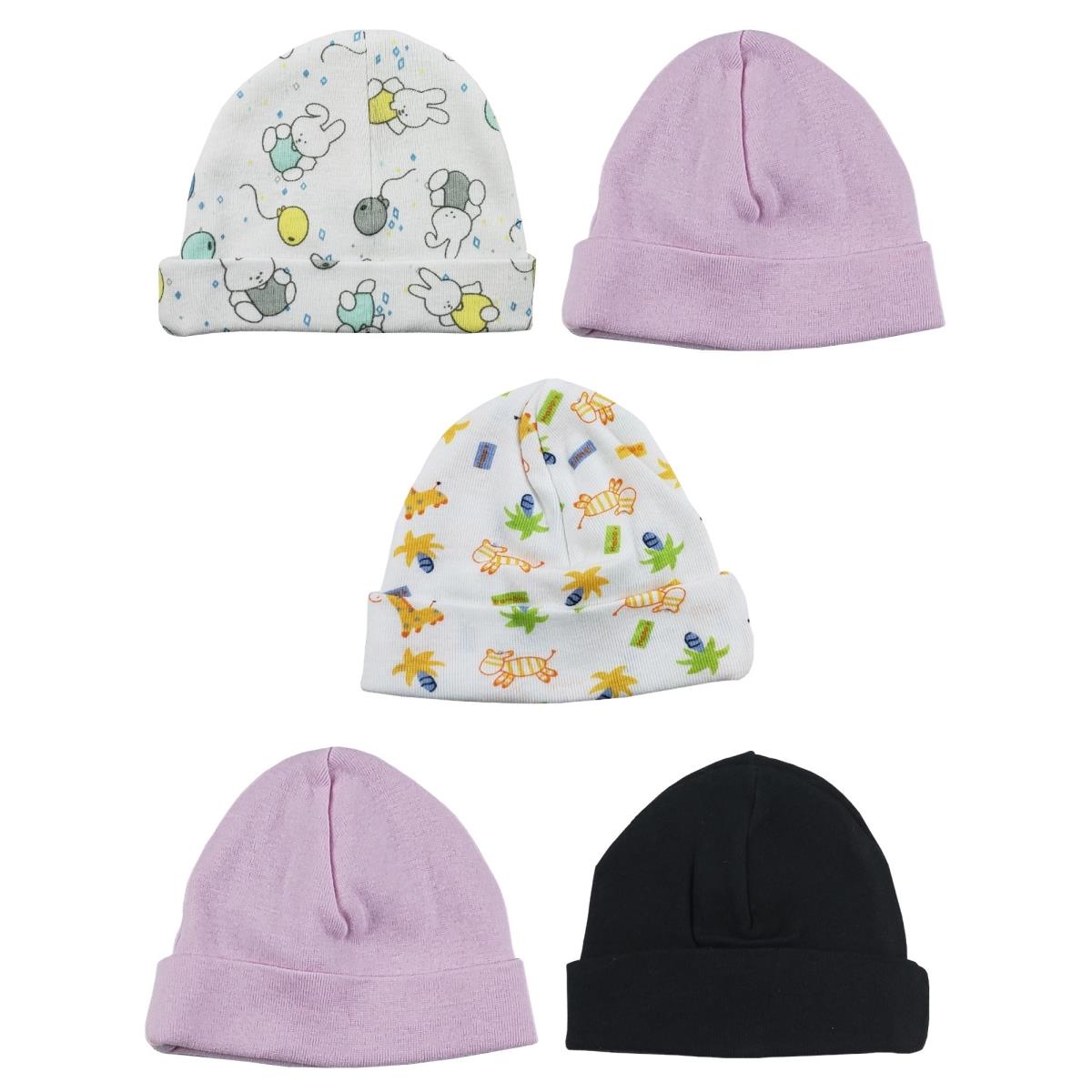 Picture of Bambini LS-0325 Girls Baby Cap - Black&#44; Prints & Pink - One Size - 5 per Pack