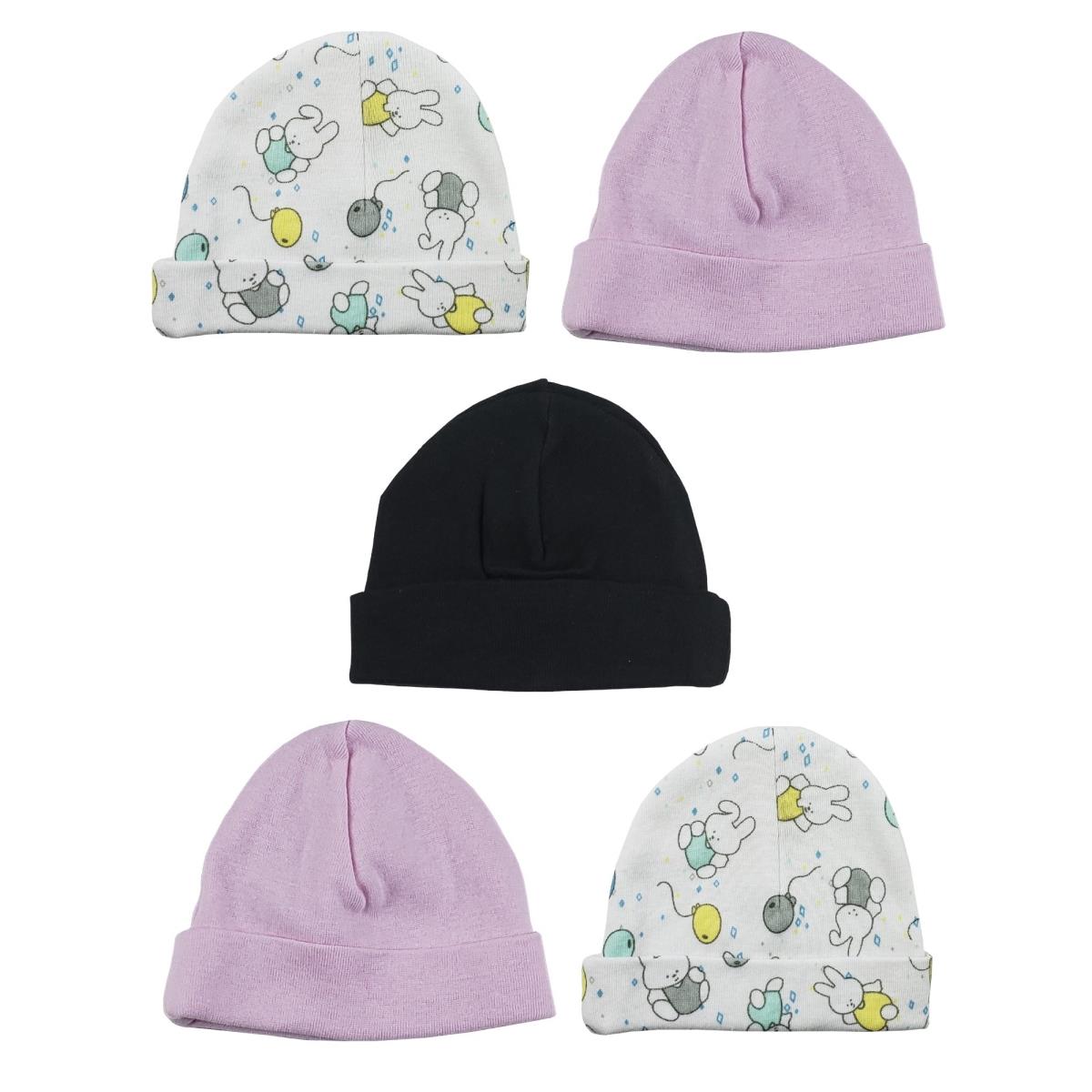 Picture of Bambini LS-0327 Girls Baby Cap - Black&#44; Prints & Pink - One Size - 5 per Pack