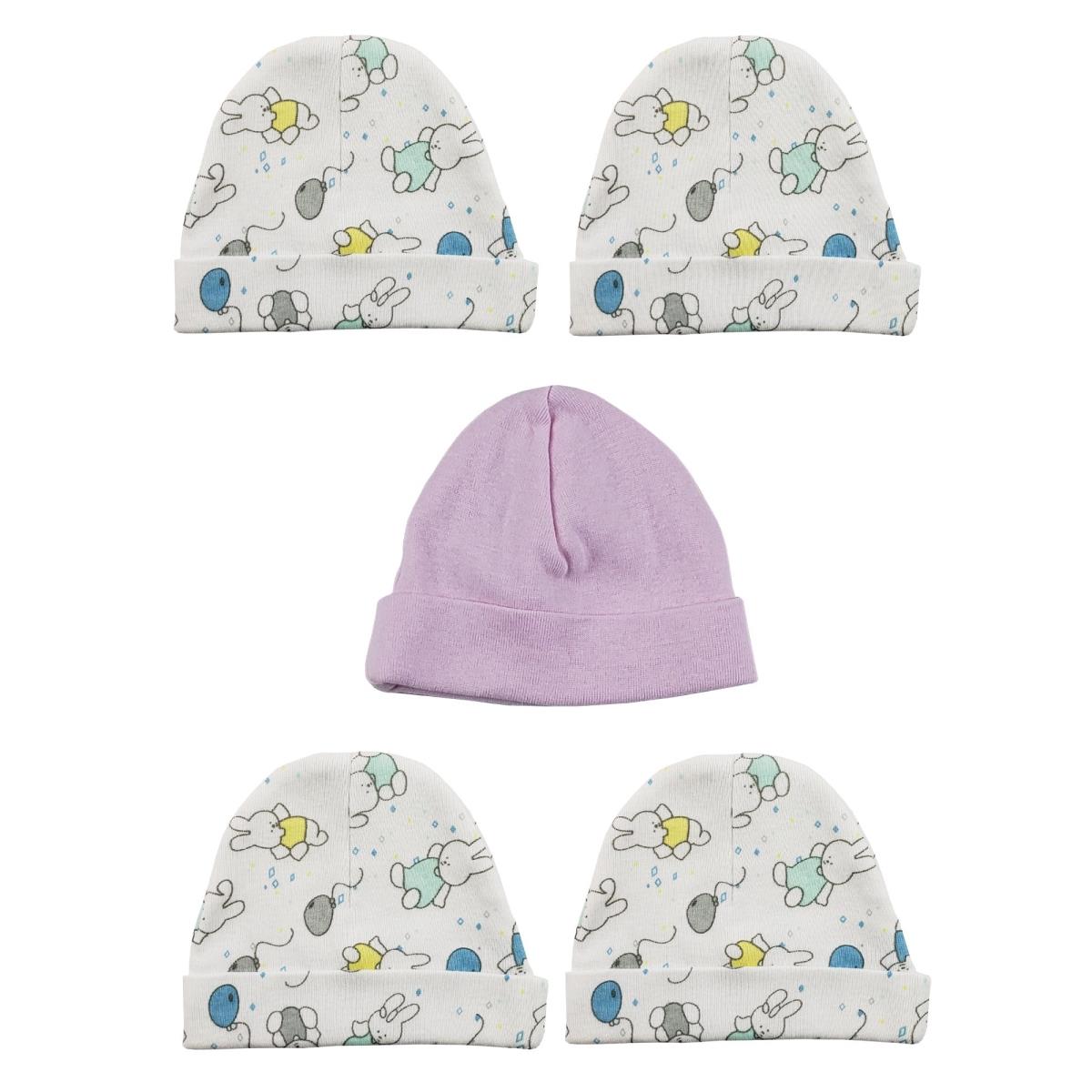 LS-0353 Girls Baby Cap, Pink & Print - One Size - 5 per Pack