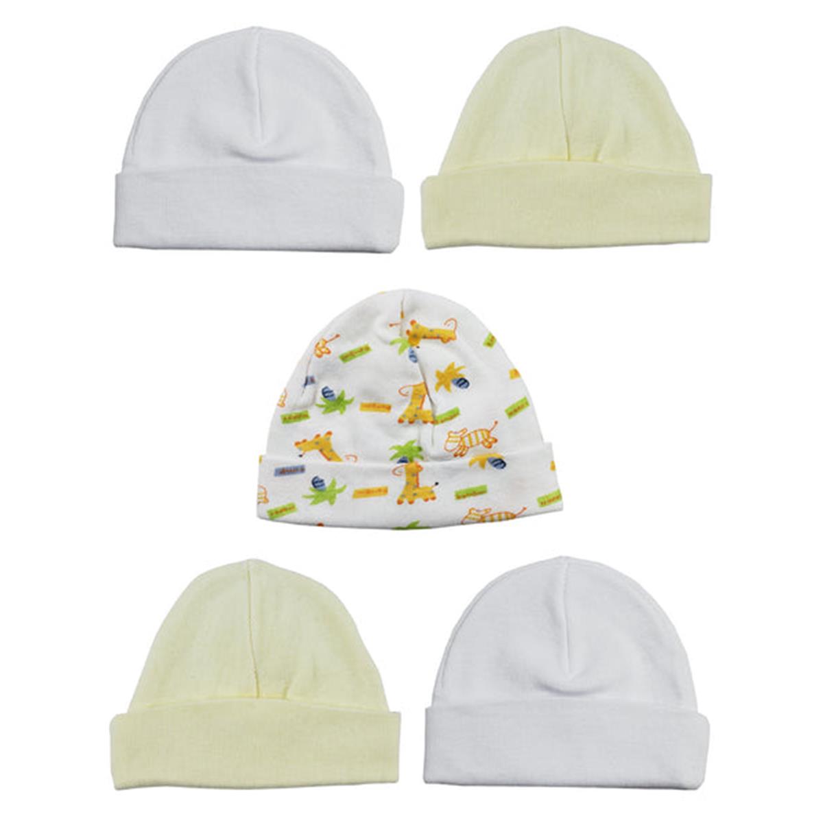 LS-0393 Beanie Baby Caps - White, Yellow & Print - One Size - 5 per Pack