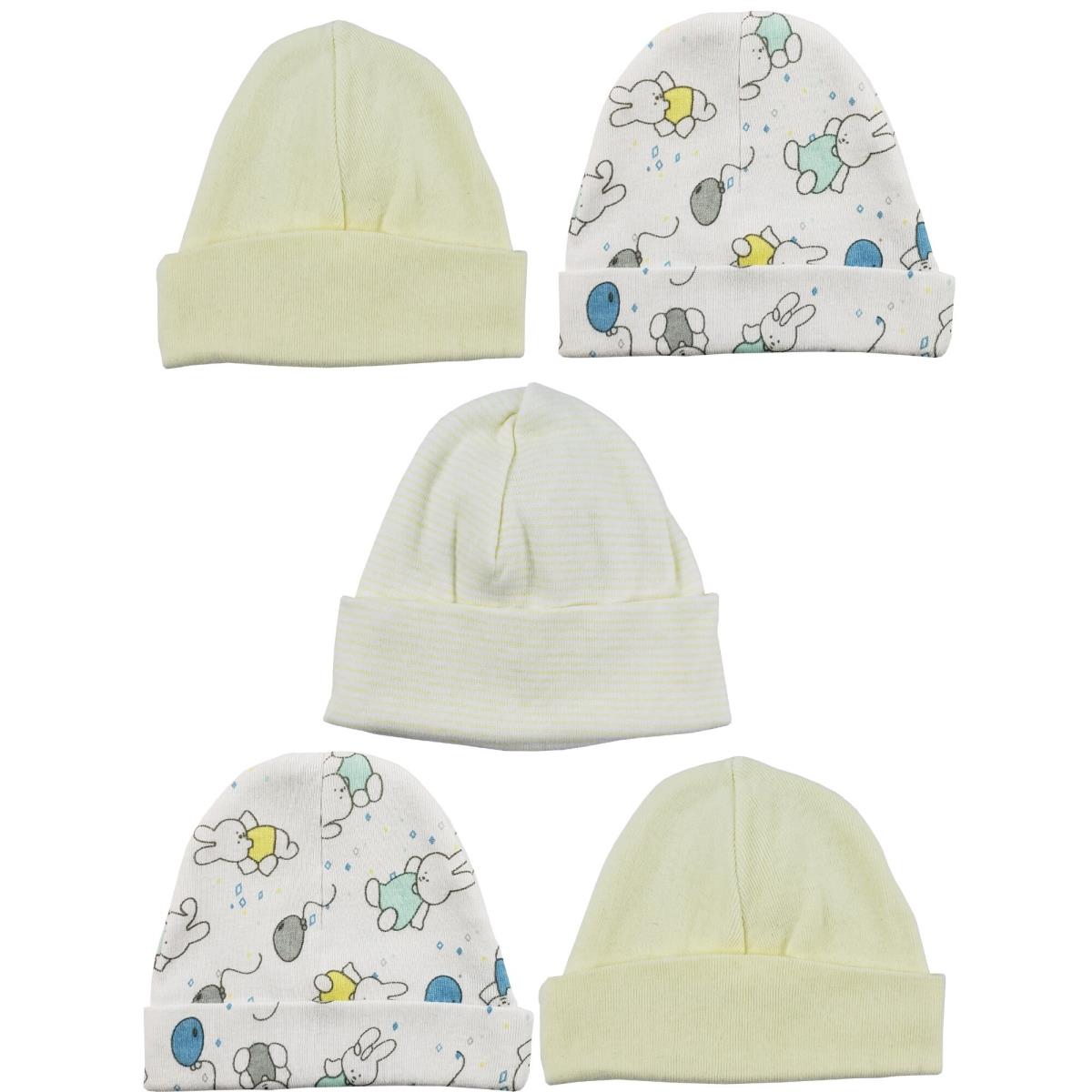 LS-0420 Beanie Baby Caps - White, Yellow & Print - One Size - 5 per Pack