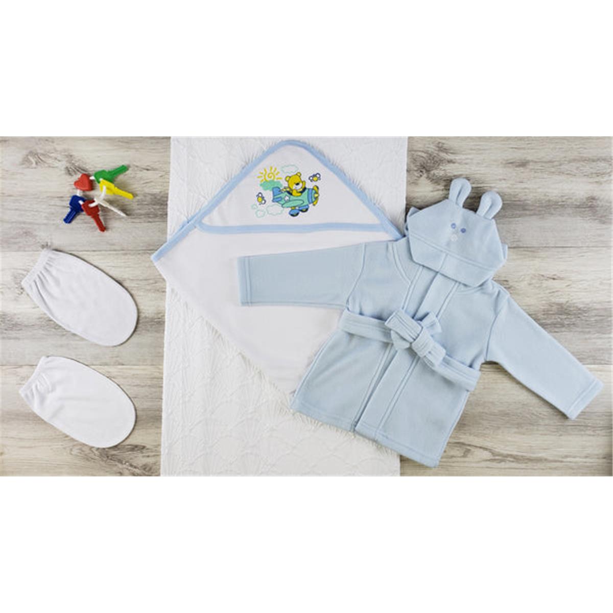 Picture of Bambini LS-0616 Hooded Towel&#44; Wash Cloth&#44; Mitten & Robe&#44; Blue & White - Newborn