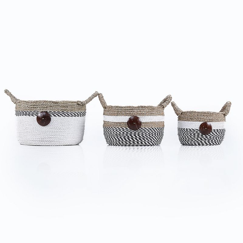 Picture of Baum 2A063K Raffia & Seagrass Storage Basket with Coco Buttons & Ear Handles - Set of 3