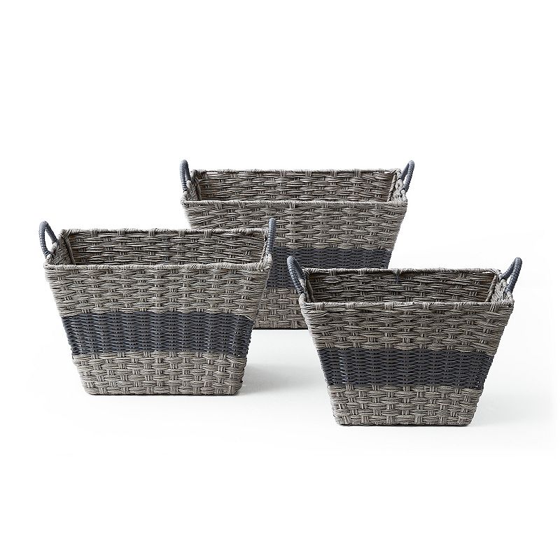 Picture of Baum 21A277K Rectangular Faux Wicker Storage Bins Basket in Combo Weave with Cut Out Handles - Set of 3