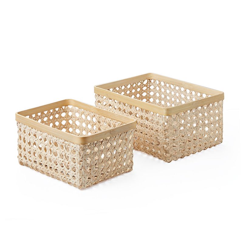Picture of Baum 21A528K Rectangular Natural Cane Basket with Bamboo Rim - Set of 2