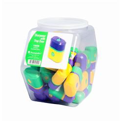 Picture of Baumgartens Pencil Sharpeners Button Release Single Hole Hexagonal Tub Display of 25 ASSORTED Colors (19509)
