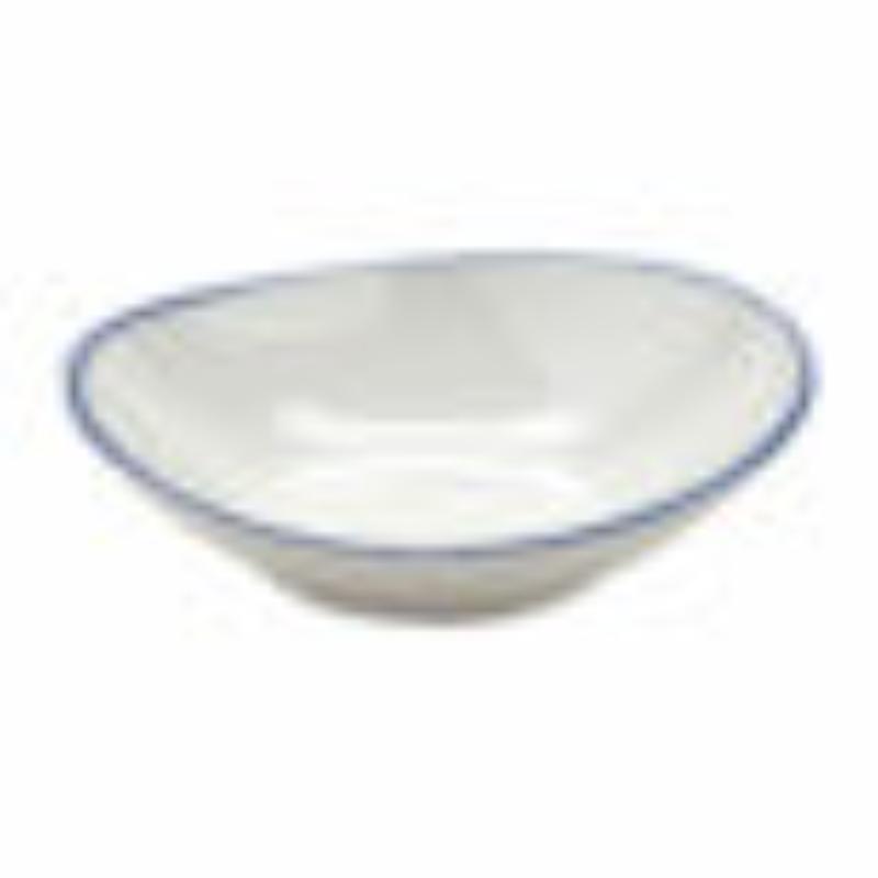 Picture of Winco B-60-W-CB 6 oz White with Blue Trim Enamelware Melamine Shallow Bowl, 8 oz Rim-Full, 5.75 x 5.25 in., 1.25 in. Deep, G.E.T. Settlement Bistro