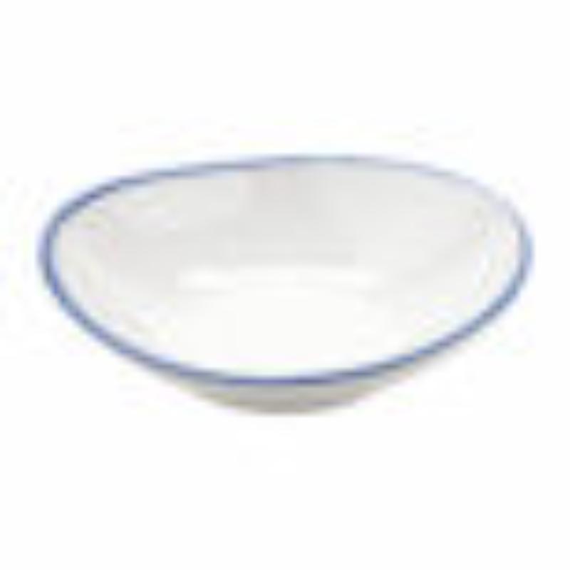 Picture of Winco B-100-W-CB 10 oz White with Blue Trim Enamelware Melamine Shallow Bowl, 12 oz Rim-Full, 7 x 6.75 in., 1.5 in. Deep, G.E.T. Settlement Bistro