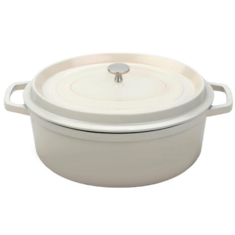 Picture of Winco CA-007-AWH-BK-CC 6.5 qt. Cast Aluminum Antique White with Clear Coat & Black Interior Induction Ready Oval Dutch Oven with Lid - 7 qt. Rim-Full - 12.13 x 9.88 in., 4.25 in. Deep, G.E.T. Heiss