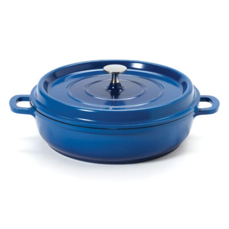 Picture of Winco CA-005-CB-BK-CC 3 qt. - 3.5 qt. Rim-Full - 10.25 in. Induction Ready Round Braiser & Paella with Lid, 2.88 in. Deep - Clear Coat - Blue