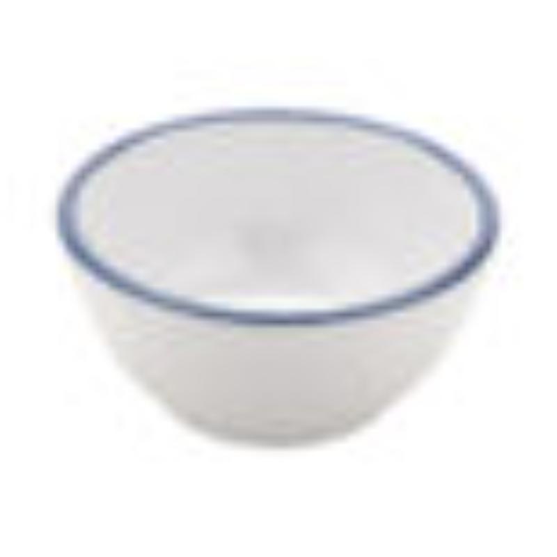 Picture of Winco B-140-W-CB 14 oz White with Blue Trim Enamelware Melamine Round Salad Soup Bowl, 16 oz Rim-Full, 5.25 in. Dia., 2.25 in. Deep, G.E.T. Settlement Bistro
