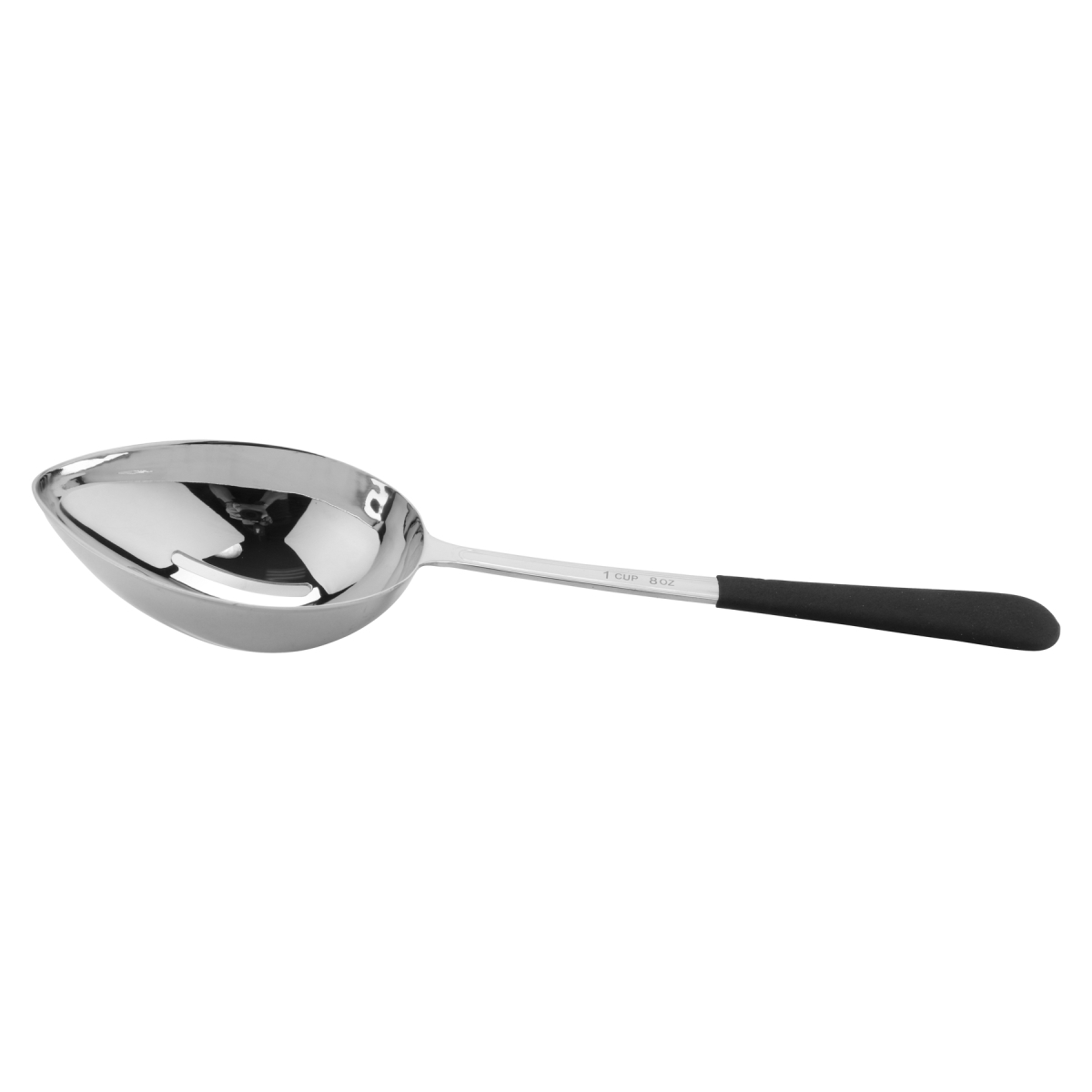 Picture of Winco BSRIM-37 13.625 in. Portion Control Slotted Bowl Spoon with Textured Black Plastic Dipped Handle - 8 oz, Case of 96, 6 Per Case - Each 12