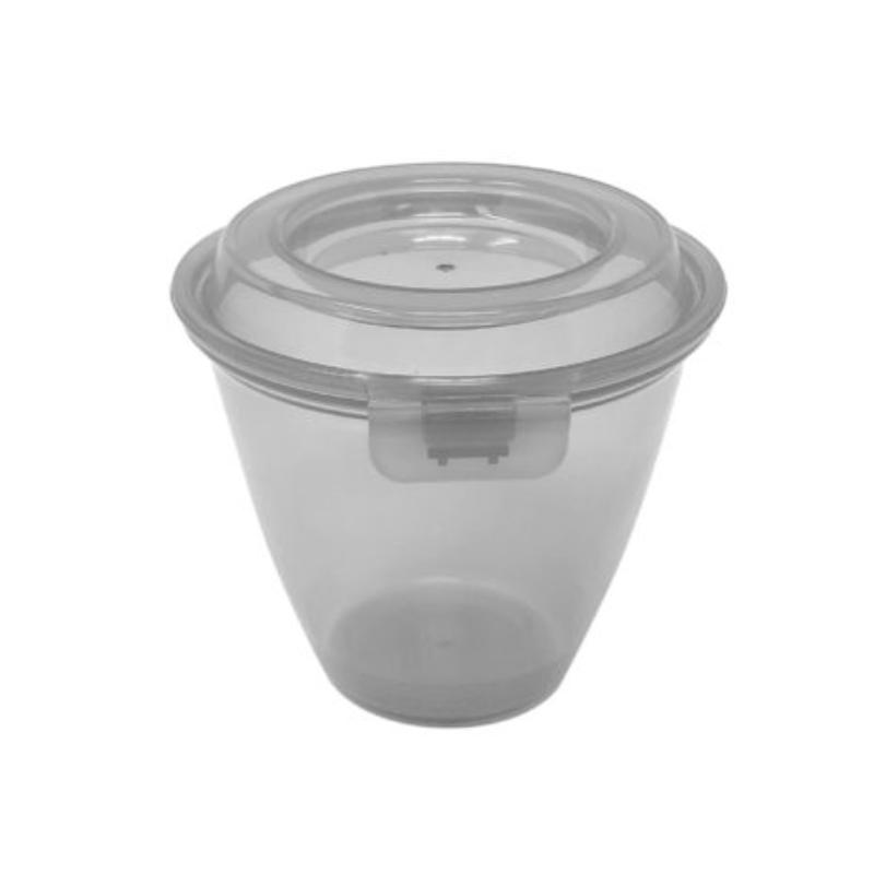 Picture of Winco EC-20-CL 6 oz Polypropylene Clear Reusable Side-Dish & Large Sauce Cup with Hinged Lid - 6.75 oz Rim-Full, 3.25 in. Top Dia., 3 in. Tall, G.E.T. Eco-Takeouts